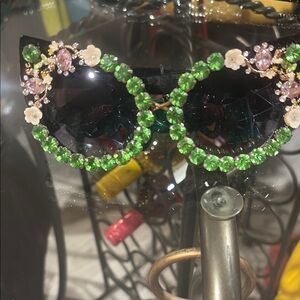 Floral Embellished Sunglasses with Green and Pink Accents